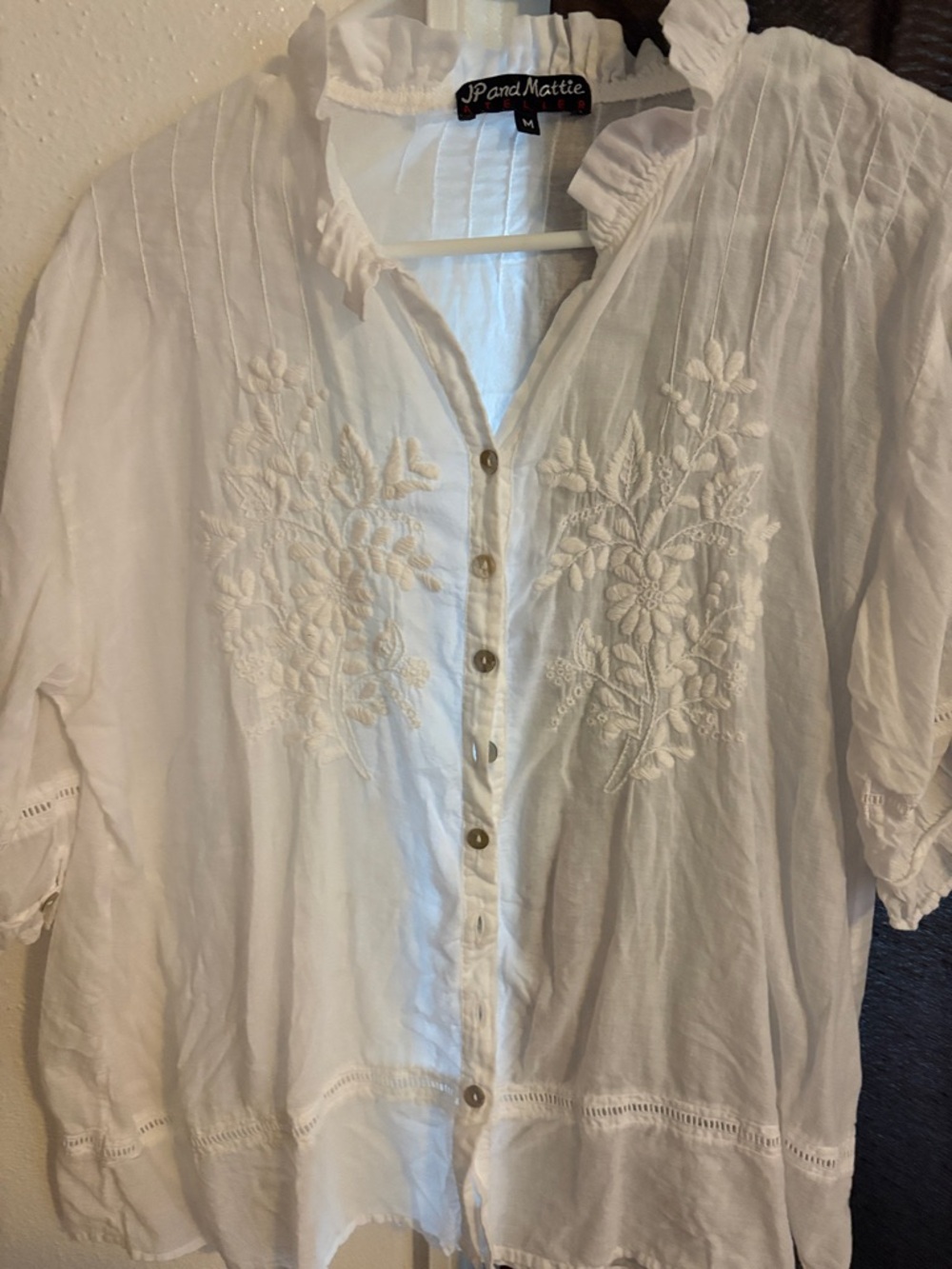 White Embroidered Button-Front Women's Top - Picture 3 of 4